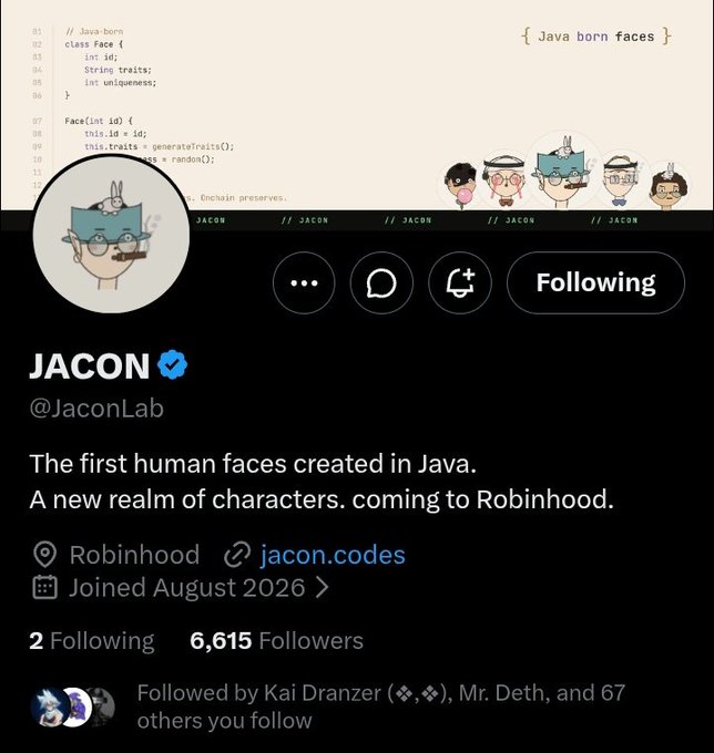 A Twitter/X profile for 'JACON' (@JaconLab), described as 'The first human faces created in Java. A new realm of characters. coming to Robinhood,' featuring code snippets and avatar characters.
