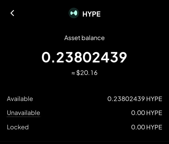 A mobile app wallet screen showing an asset balance of 0.23802439 HYPE (approximately $20.16), with the HYPE logo at the top and breakdowns of available (0.23802439 HYPE), unavailable (0.00 HYPE), and locked (0.00 HYPE) balances.