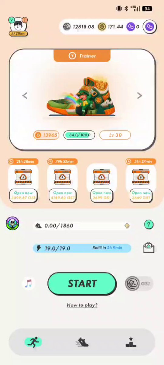 The image shows a white phone screen displaying an app called "Stepn MB 10 Open". The app has a green background with orange text that reads "Stepn MB 10 Open" and "How to unbox". There are several other images on the screen, including one of a shoe in various colors. A button labeled "Start" is also visible on the phone screen.