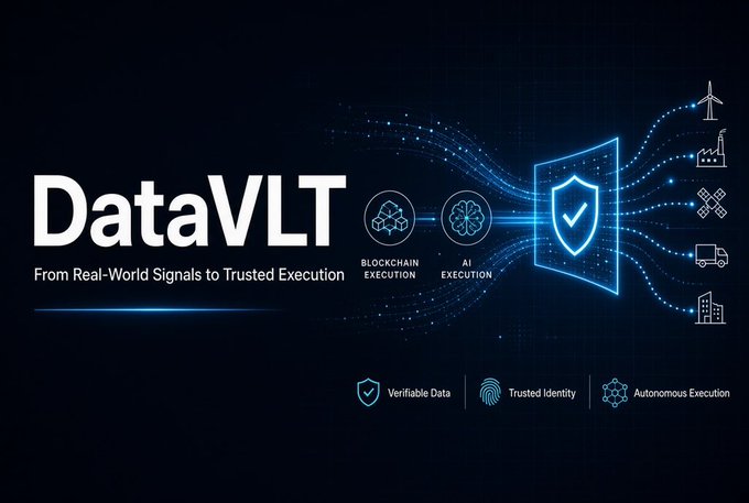 A DataVLT logo/banner with the tagline "From Real-World Signals to Trusted Execution" highlighting Blockchain Execution, AI Execution, Verifiable Data, Trusted Identity, and Autonomous Execution.