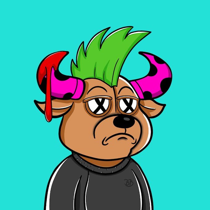 A cartoon illustration of a brown dog-like creature with green spiky hair, magenta horns, X-shaped eyes, and a frowning expression, wearing a dark gray sweater on a teal background.