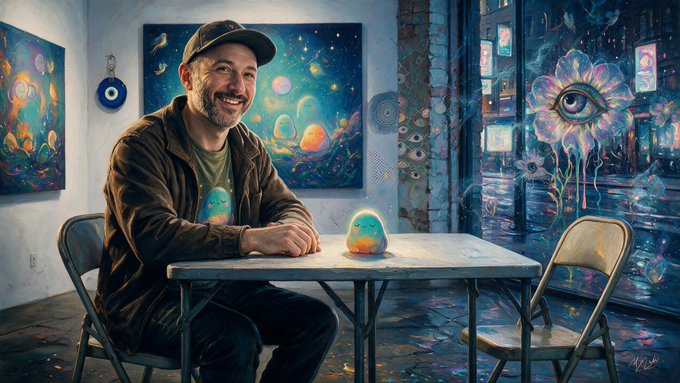 A smiling bearded man in a cap and brown jacket sits at a table in an art studio, with a small glowing egg-like object in front of him and vibrant colorful paintings and murals adorning the walls.
