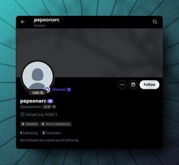 This image shows the Arc profile of "@pepeonarc", which has 1200 "Smarts" and joined in July 2026. This profile is likely one of the "projects" the user discovered while setting up a bot for cooks coming to Arc.