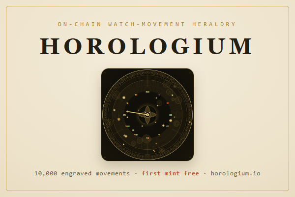 The image features a clock with a gold background and black numbers and hands, which appears to be a part of an advertisement for horology. The text "On-chain Watch-movement Heraldry" is written above the clock, indicating that this is related to horology or timekeeping in general. The post also mentions that there are 10,000 horological clocks available for minting and that they are deterministic, immutable, and forever on Ethereum. The image does not provide any additional information about the content of the post itself.