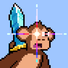 A pixel art illustration of a brown monkey or bear-like character holding a glowing blue crystal sword, set against a light blue background with crosshair-like sparkle effects.