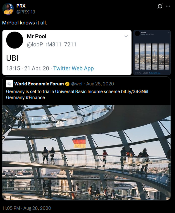 A Twitter screenshot showing Mr Pool's "UBI" tweet timestamped 13:15 on April 21, 2020, alongside a World Economic Forum tweet from August 28, 2020 about Germany's Universal Basic Income trial, with both timestamps supposedly encoding "115."