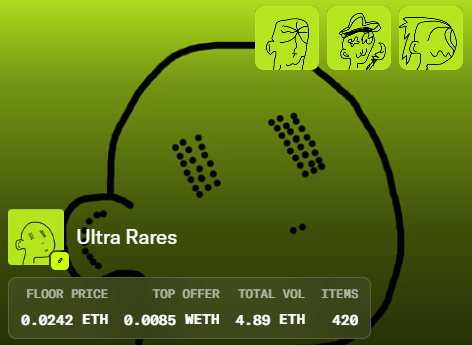 The image shows an OpenSea listing for the "Ultra Rares" NFT collection, featuring a hand-drawn green character with a minimalist sketch style, displaying a floor price of 0.0242 ETH, top offer of 0.0085 ETH, and total volume of 4.89 ETH across 420 items. The hand-drawn aesthetic visible in the preview aligns with the claim of being a unique, hand-crafted collection on Robinhood's blockchain.