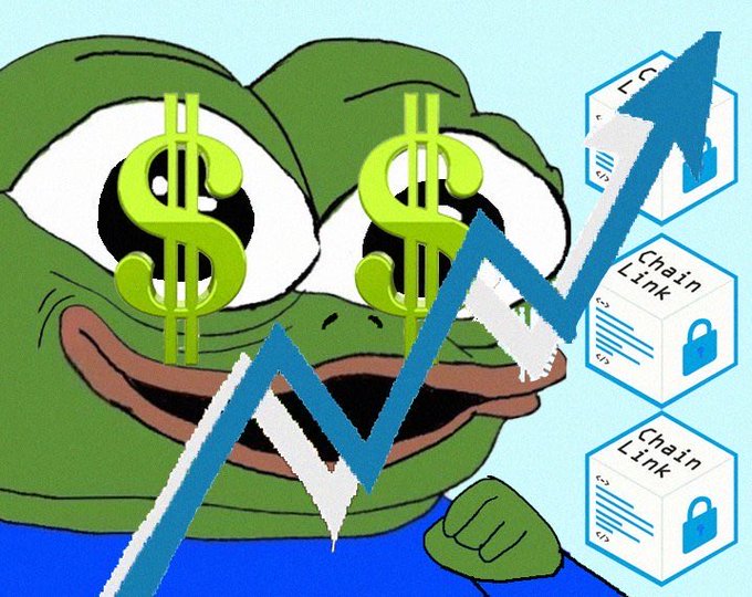 A meme features the Pepe the Frog character with dollar signs for eyes, overlaid with an upward-trending stock chart and Chainlink cryptocurrency symbols.