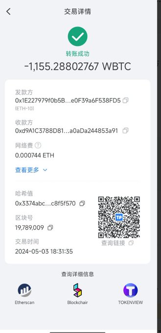 A transaction-details screen shows a successful transfer of **−1,155.28802767 WBTC** (**0.000744 ETH** network fee), with sender and recipient addresses, block **19,789,009**, and time **2024-05-03 18:51:35**. It supports the post’s story about roughly **1,155 BTC (~$100 million)** being accidentally sent to a poisoned address, followed by an on-chain bounty offer of **10% (~$7 million)** for the hacker to return the rest.