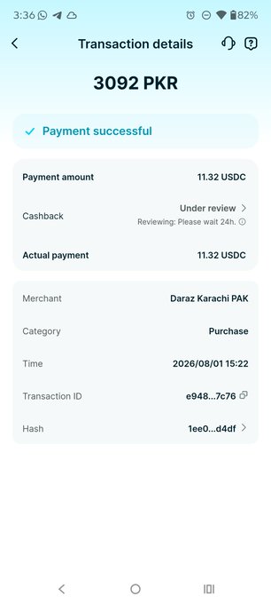 A mobile transaction confirmation screen displays a successful payment of 3092 PKR (11.32 USDC) to merchant Daraz Karachi PAK, with a cashback status marked "Under review." The image illustrates a Bitget Wallet Assetback cashback transaction, showing the review-in-progress status for the cashback reward.