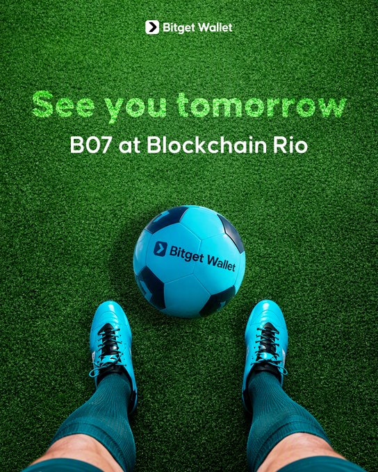 The image shows a first-person view of teal soccer cleats on a green turf field with a matching Bitget Wallet-branded teal and black soccer ball between them, with the text "See you tomorrow B07 at Blockchain Rio" and the Bitget Wallet logo at the top. The caption "no caption needed. prepare your kicks." ties in with the soccer-themed visual, using sports gear as a playful metaphor for getting ready for the Blockchain Rio event at booth B07.