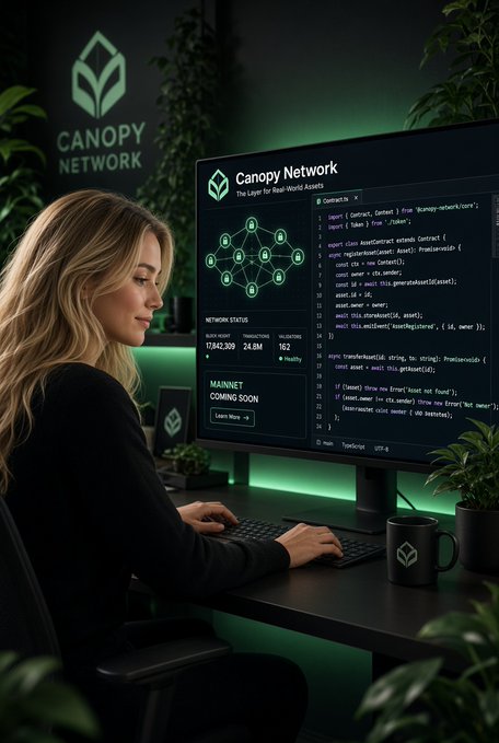 A woman works at a computer displaying code and a dashboard for "Canopy Network," with the "CANOPY NETWORK" logo projected on the wall behind her and a "MAINNET COMING SOON" banner visible.