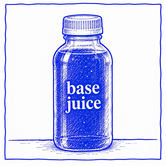 A blue-and-white sketch-style illustration of a jar labeled 'base juice' inside a simple square border.