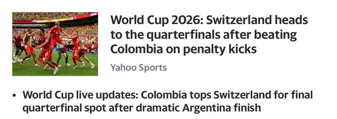 The image shows a Yahoo Sports article with conflicting headlines: the main headline states Switzerland beat Colombia on penalty kicks to advance to the World Cup 2026 quarterfinals, while the bullet point below claims Colombia topped Switzerland. This contradiction highlights the post's point about AI-generated news hallucinations, where automated systems produced conflicting results for the same match—illustrating why reliable verification (like NVNM Chain) matters for accurately settling outcomes.