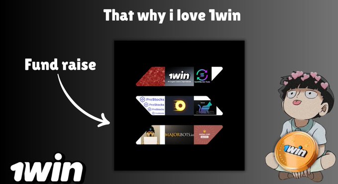 The image shows a promotional graphic titled "That why I love 1win" featuring three fundraising campaign banners, with annotations labeling them as "Fund raise" and the "1win" logo, alongside an anime-style mascot character holding a 1win coin. The post highlights $166,946.50 raised for Nepal flood relief, connecting to the imagery by showcasing the collaborative fundraising efforts between 1win, Solana, and associated partners.