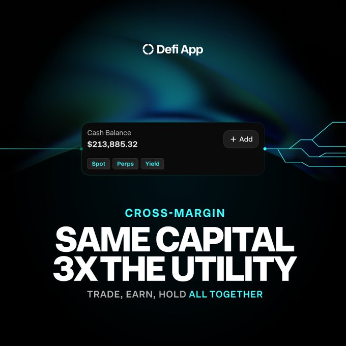 A Defi App promotional graphic advertising cross-margin features with a Cash Balance of $213,885.32 and the tagline 'SAME CAPITAL 3X THE UTILITY - TRADE, EARN, HOLD ALL TOGETHER'.