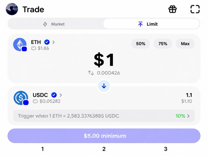 A cryptocurrency trading interface showing a limit order to convert ETH to USDC, with a $1 input and a $5.00 minimum notice.