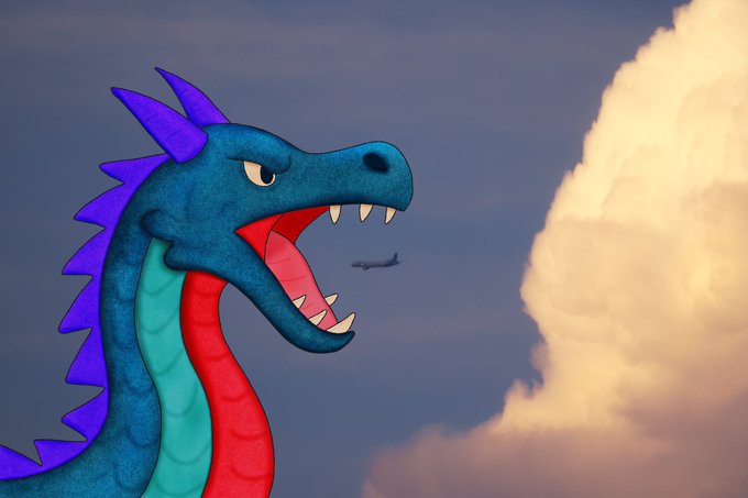 A 3D-rendered blue and red dragon head roaring against a cloudy sky with a small airplane in the background.