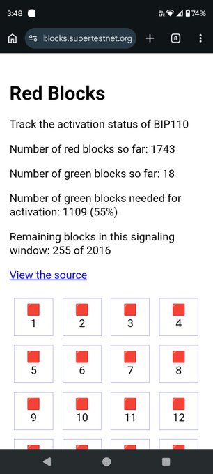 The image shows a webpage titled "Red Blocks" tracking BIP110 activation status, with stats showing 1,743 red blocks and 18 green blocks out of 1,109 (55%) needed for activation, while 255 of 2,016 blocks remain in the signaling window—directly illustrating the early progress of the URSF110 proposal mentioned in the post.