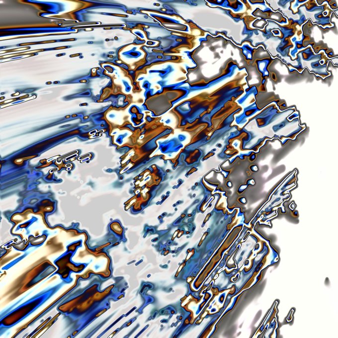 An abstract, chaotic digital pattern with distorted shapes and colors in shades of blue, white, brown, and orange.