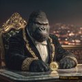 An image of a gorilla dressed in a formal tuxedo with gold chains, sitting at a desk like a mob boss with a cityscape in the background.