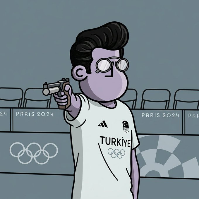 The image features a cartoon character wearing glasses and a white shirt with "Turkike" written on it, holding a gun. The character appears to be pointing the gun at something or someone, possibly indicating an action-packed scene. The background of the image is filled with chairs, suggesting that this might be taking place in a room or event space where seating arrangements are common. The post also mentions "NPC Studio" and "Let your NPC do anything you want it to do Holders only access npconchain.xyz/studio", which could possibly be related to the character's actions, such as creating memes or crafting scenes for their character in the game.
