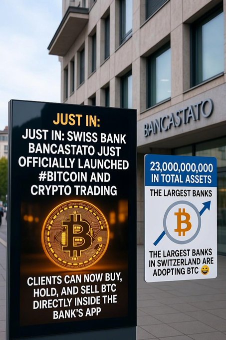 A news graphic outside a building labeled 'BANCASTATO' announces that the Swiss bank has officially launched Bitcoin and crypto trading, citing 23,000,000,000 in total assets.