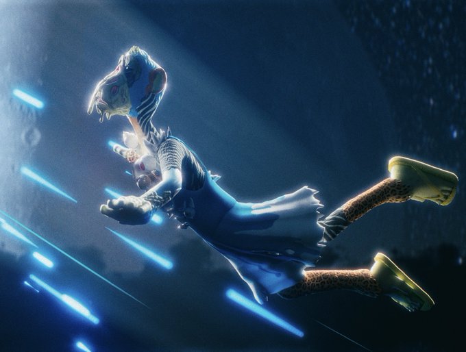 A 3D animated scene features a stylized figure in a blue dress and leopard-print stockings with yellow heels, floating or falling amid glowing blue light streaks.