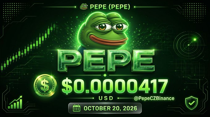 A promotional graphic for Pepe (PEPE) coin displaying its price at $0.00000417 USD as of October 20, 2026, tagged with @PepeCZBinance.