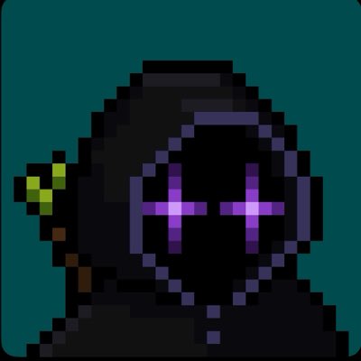 A pixel art illustration of a dark hooded figure with glowing purple cross-shaped eyes on a teal background, featuring a small green leaf detail.