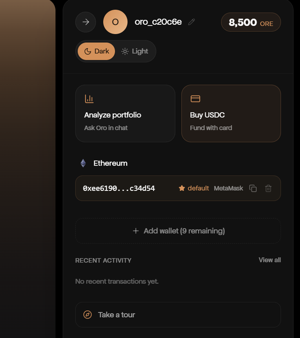 A dark-themed cryptocurrency wallet interface showing a balance of "8,500 ORE" for user "oro_c20c6e," with options to "Analyze portfolio" and "Buy USDC," along with an Ethereum address.