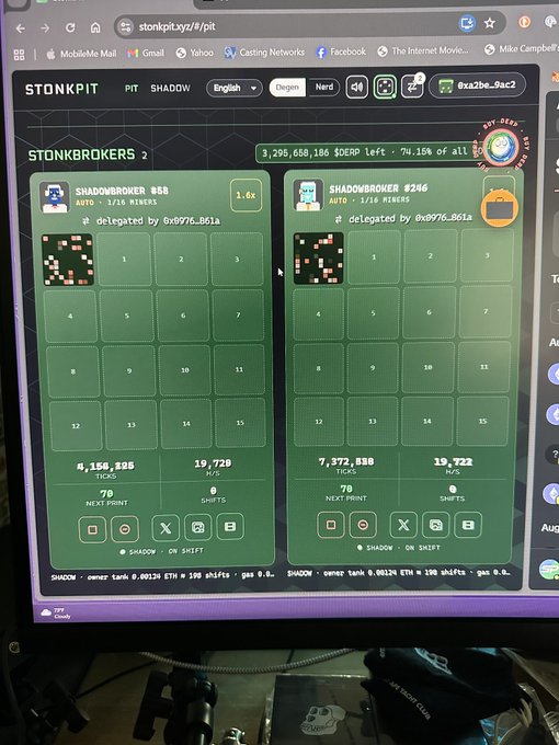 A computer monitor displays the Stonkpit.xyz dashboard showing two $DERP mining squares labeled "SHADOWBROKER #58" and "SHADOWBROKER #246" for user 0xa2be...9ac2, each with 8 of 15 possible slots filled, displaying hash rates of 4,150,898 and 7,372,858 TH/s respectively. The image illustrates the user's progress setting up delegated mining rigs, with the partially activated squares relating to their question about whether to add more fees to unlock the remaining grid slots.
