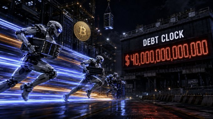 A futuristic scene shows robotic figures sprinting through a neon-lit cityscape toward a glowing "DEBT CLOCK" displaying $40,000,000,000,000, with a Bitcoin logo hovering above—a visual metaphor for AI-driven transformation of the old financial system, where Treasury mechanics, stablecoins, and currency intervention are racing against an ever-expanding debt burden.

The image captures the tension between technological acceleration (robots, Bitcoin) and the crumbling legacy of fiat finance (the national debt clock), reinforcing the post's argument that AI isn't just changing markets—it's fundamentally reshaping how governments manage liquidity, debt, and currency intervention.