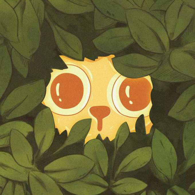 A stylized illustration of a wide-eyed, yellow-orange cat peeking through dense green foliage, capturing the curious and watchful mood of the post, which laments missing the chance to buy into a cat-themed NFT project due to insufficient liquidity ("liq"). The cat's surprised expression mirrors the excitement and FOMO of wanting to invest 1% in projects building on stonkfun.
