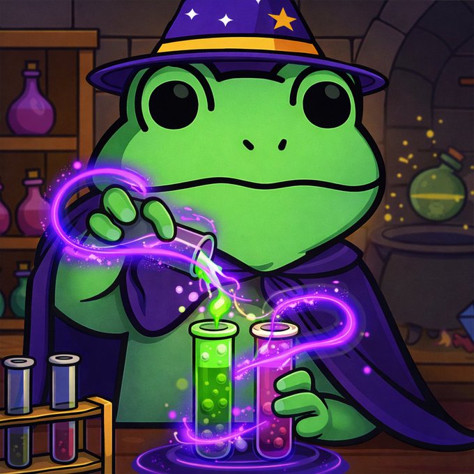 A cartoon green frog dressed as a wizard with a star-decorated purple hat pours glowing green liquid between test tubes in a magical laboratory.