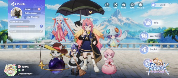 A screenshot from the game Ragnarok Origin showing a character profile for 'Jenxxii', a Goblin Leader at level 69, with various chibi-style pets and companions.