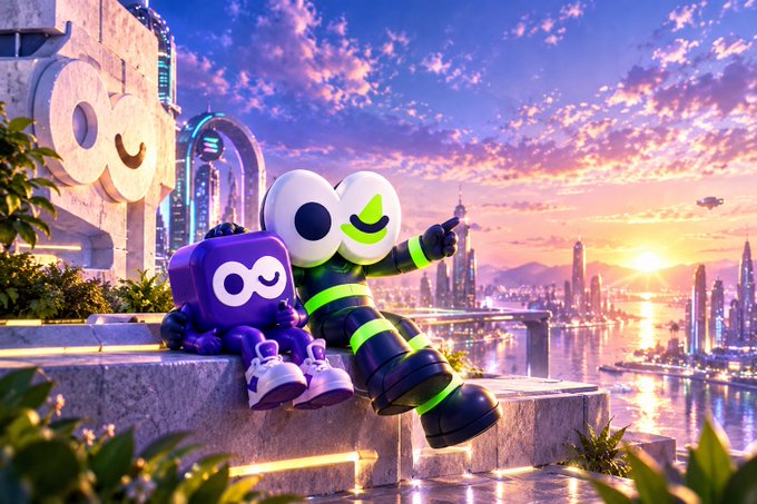 A 3D-rendered scene of two stylized characters—one white with large round eyes and one purple with an infinity symbol—sitting on a stone ledge overlooking a futuristic cityscape at sunset.