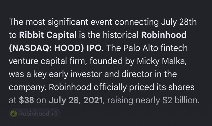Text excerpt connecting July 28th to Ribbit Capital via the Robinhood (NASDAQ: HOOD) IPO, noting shares priced at $38 on July 28, 2021, raising nearly $2 billion, with Ribbit Capital co-founder Micky Malka as an early investor.