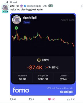 A pinned tweet from "Chill Pill" (@ripchillpill) showing his portfolio loss on $9TO5, down $7.4K (-74.57%) from an $8.9K investment at $880 each, currently worth $224K, illustrating the "top blasting great again" irony referenced in the post about following his $9TO5 call.