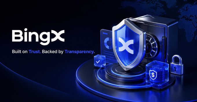 A promotional graphic for BingX featuring a blue shield, safe, and lock icons with the tagline 'Built on Trust. Backed by Transparency.'