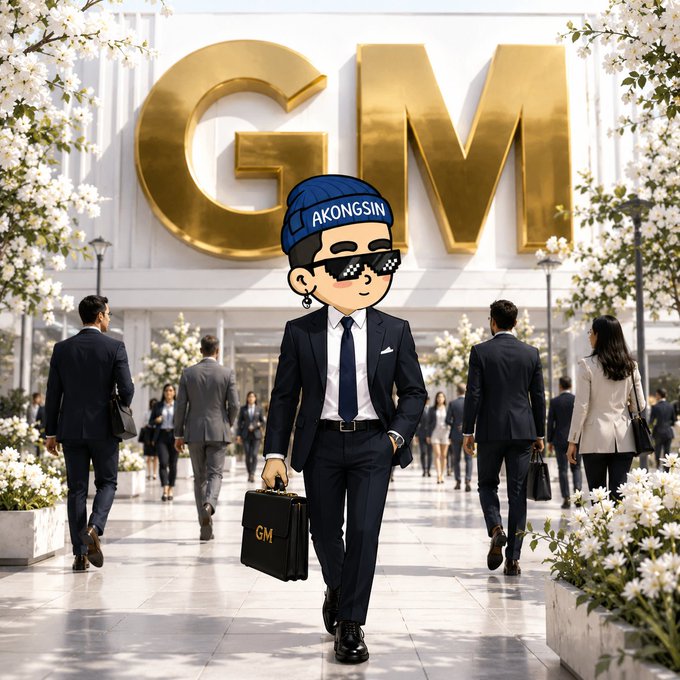 A cartoon-style image shows a man in a blue "AKONGSIN" cap wearing a suit, pixelated sunglasses, and carrying a "GM" briefcase, walking in front of a large golden "GM" sign at a corporate building with people in business attire.