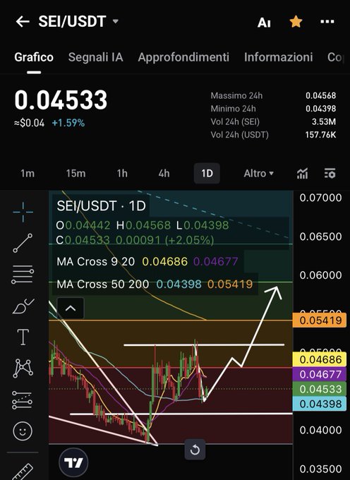 A trading chart for the SEI/USDT cryptocurrency pair displays a current price of $0.04533 (up 1.59%), with the asset testing the critical 200-day moving average resistance at $0.05419, supporting the poster's bullish long-term conviction for the under-the-radar SeiNetwork project.