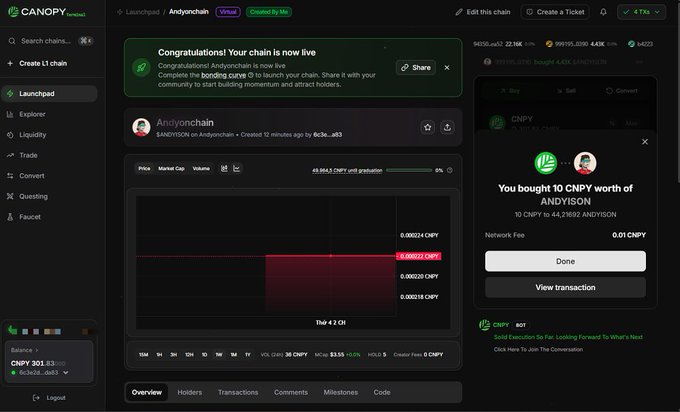 A screenshot of the Canopy Launchpad interface showing the newly launched 'Andjyonchain' Virtual token, with a confirmation popup stating 'You bought 10 CNPY worth of ANDJYSON' and a congratulations message.