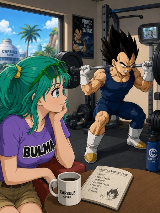 Anime-style illustration of Bulma sitting in a gym watching Vegeta perform a barbell squat, with a Capsule Corp mug and a "Vegeta's Workout Plan" notebook on the table.
