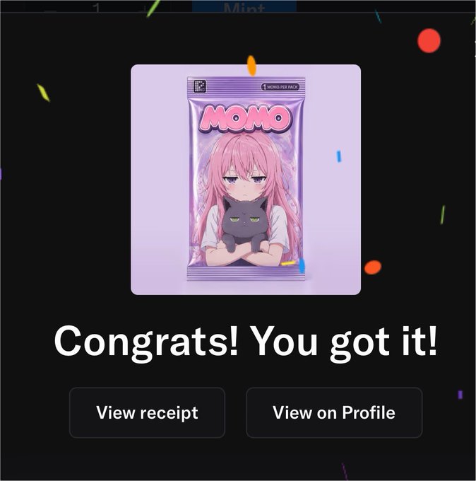 A digital screen celebrating the acquisition of a 'MOMO' NFT pack featuring a pink-haired anime character holding a black cat, with text 'Congrats! You got it!' and buttons for 'View receipt' and 'View on Profile'.