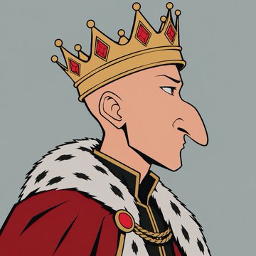 A cartoon profile illustration of a king with a large nose, wearing a gold crown with red gems, a red robe, and an ermine-trimmed cape.
