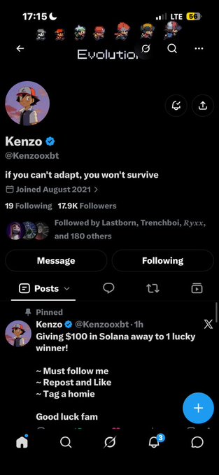 Mobile screenshot of X profile @Kenzooxbt with bio "if you can't adapt, you won't survive," pinned post announcing a $100 Solana giveaway with instructions to follow, repost/like, and tag a homie.