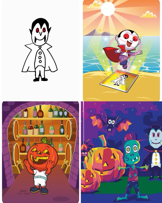 A four-panel illustration of a vampire character that transforms into a superhero, then into a pumpkin-headed figure in a wine cellar, and finally into a zombie alongside another vampire.