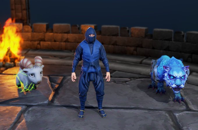 A video game character in a blue ninja outfit standing on a stone platform between two spectral animal companions near a campfire.