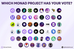 The image displays a "Which Monad Project Has Your Vote?" poll featuring 50+ circular cryptocurrency/investor logos arranged in a grid, with the "MonadMedia" branding visible in the corners. The post highlights CRSHMARKET's $6.46M trading volume as a growing Monad-native prediction market, tying into the poll's theme of community support for emerging projects within the Monad ecosystem.